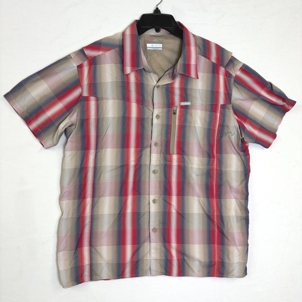 Columbia Omni-Shade Mens XL Plaid Short Sleeve Hiking Shirt Red Blue Fishing